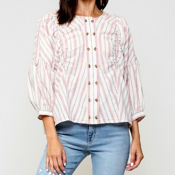 New BLUHEAVEN by Umgee S cotton striped Bishop sleeve casual ruched loose top - Picture 2 of 8